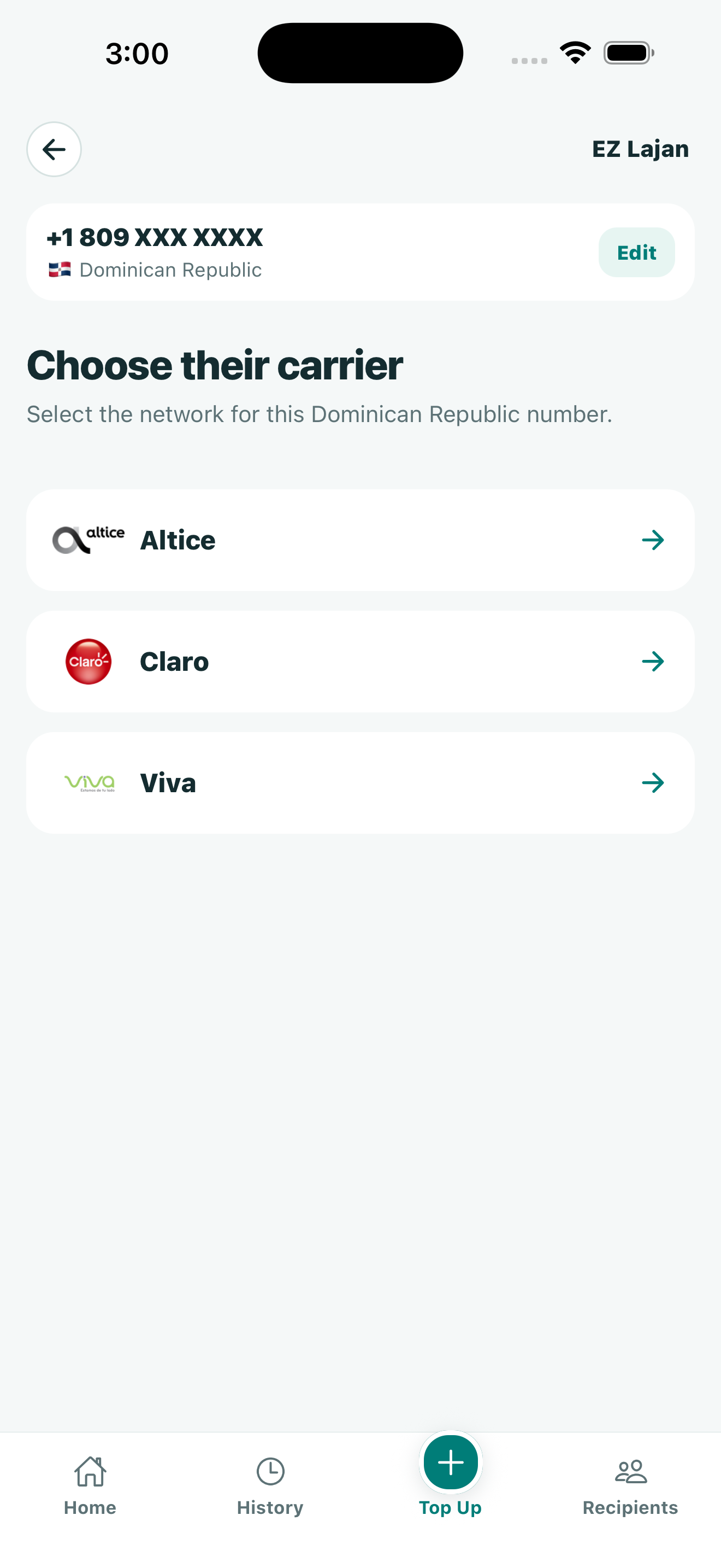 BELSEND app preview: Dominican Republic carrier choices with a masked example recipient