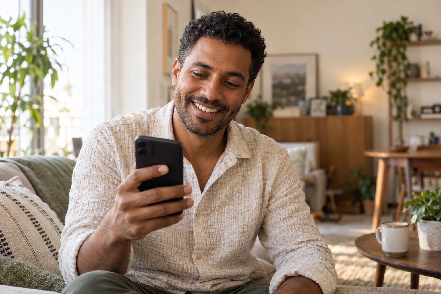 A man smiling at his phone in a bright, welcoming home